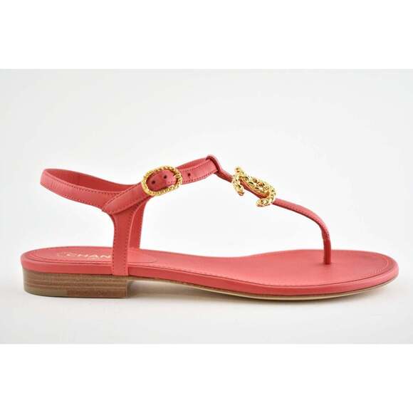 Chanel 20C Red Lambskin Gold CC Logo Mule Ankle Strap Thong Sandal Flat 36.5C - Picture 3 of 9